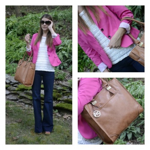 pink blazer, emilie bag