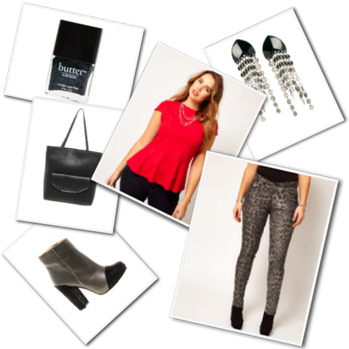 Plus size leopard print pants with red peplum top from ASOS Curve.