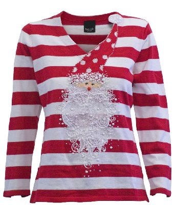 Amazon.com_ Curly Delight- Fabulous Christmas Sweater with santa and santa beard embellished on the front_ Clothing