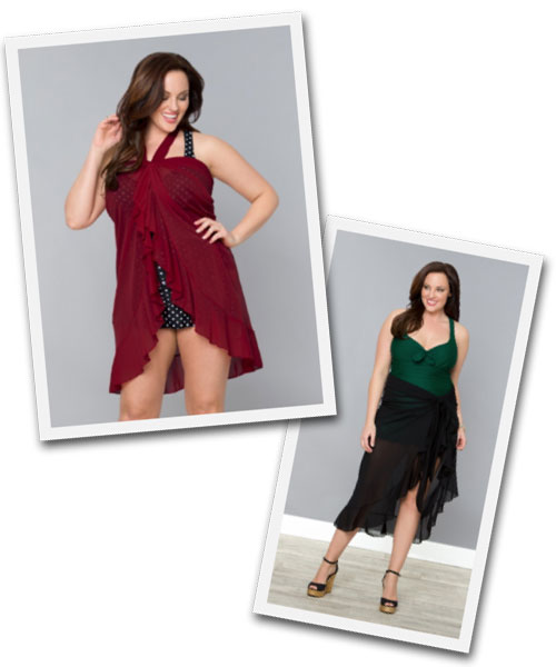 Plus size wrapped swimsuit cover-up from Kiyonna clothing.