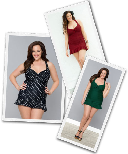 Plus size retro swimsuits in solid or dot prints from Kiyonna.