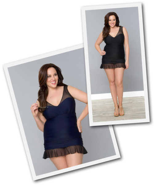 Plus size retro swimsuit with ruffle hem from Kiyonna.